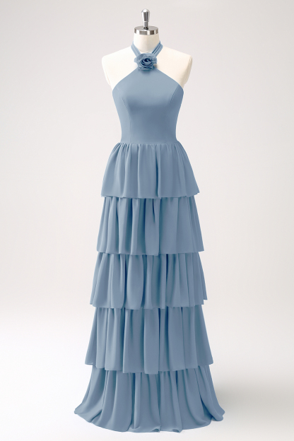 Blue Tiered Chiffon Bridesmaid Dress with Flower