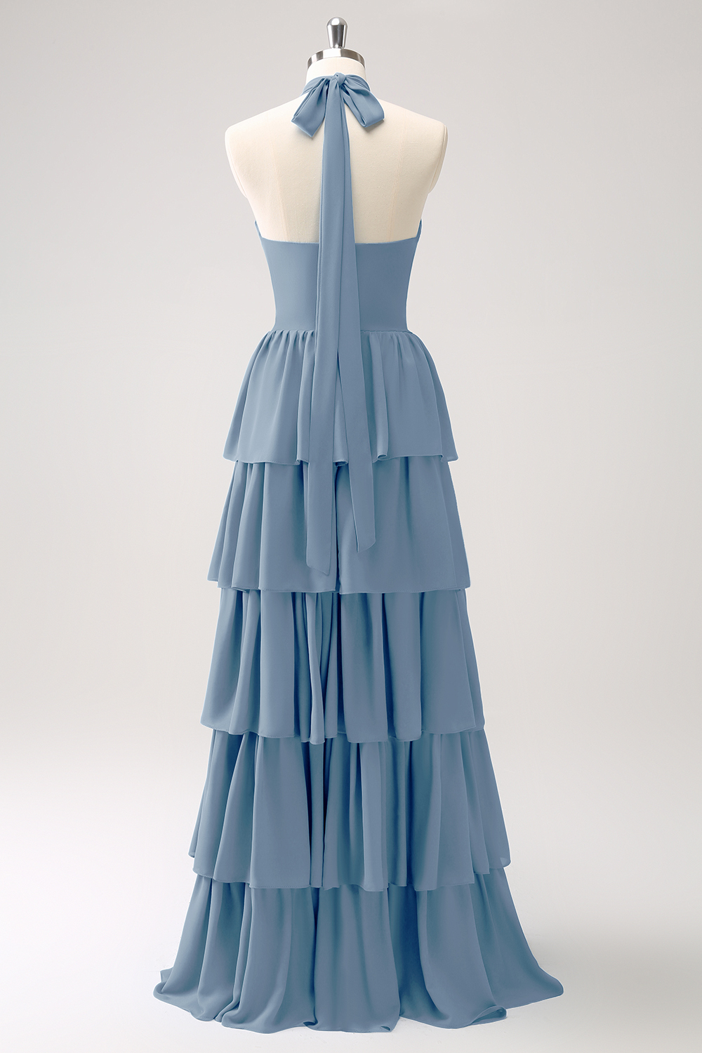 Blue Tiered Chiffon Bridesmaid Dress with Flower