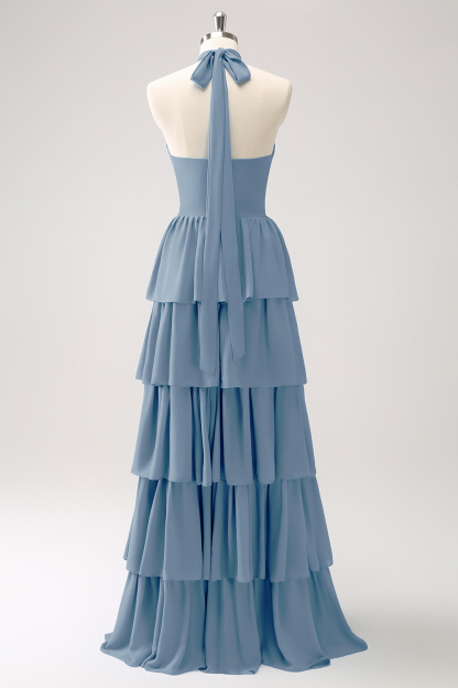 Blue Tiered Chiffon Bridesmaid Dress with Flower