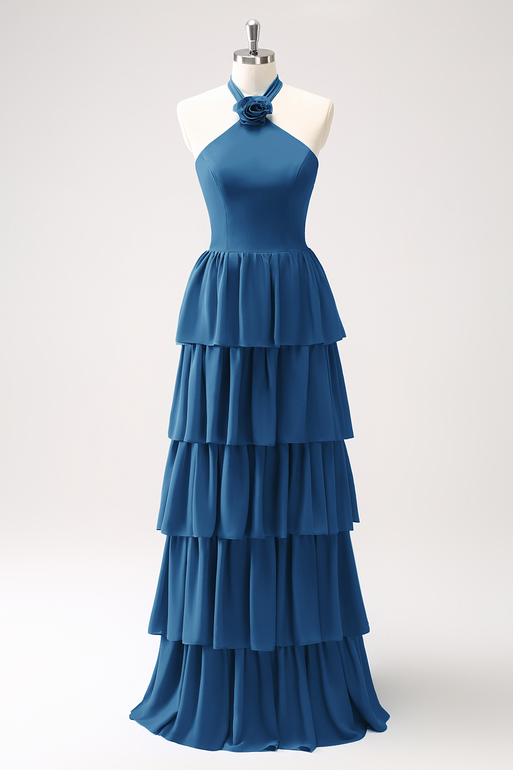 Blue Tiered Chiffon Bridesmaid Dress with Flower