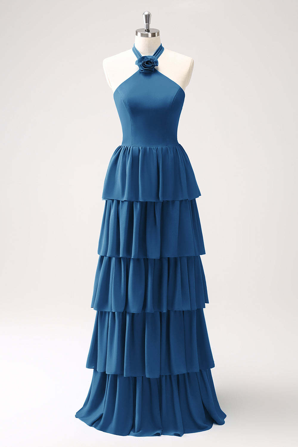 Blue Halter A-Line Tiered Flower Chiffon Bridesmaid Dress