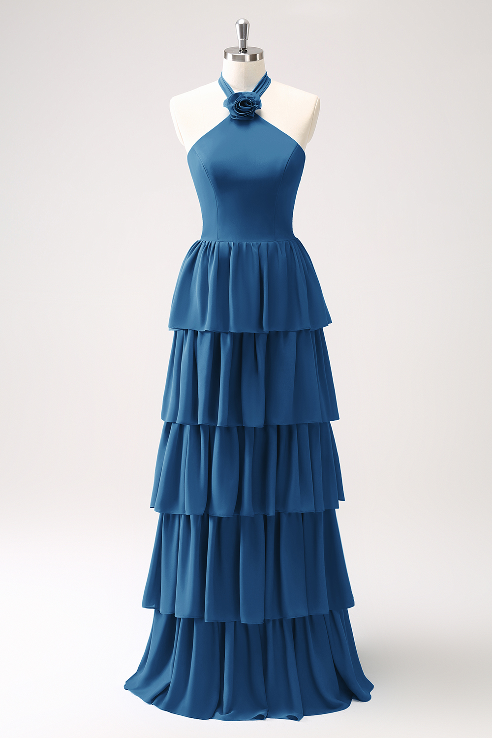 Blue Tiered Chiffon Bridesmaid Dress with Flower