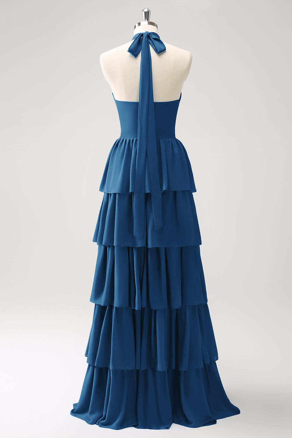 Blue Halter A-Line Tiered Flower Chiffon Bridesmaid Dress