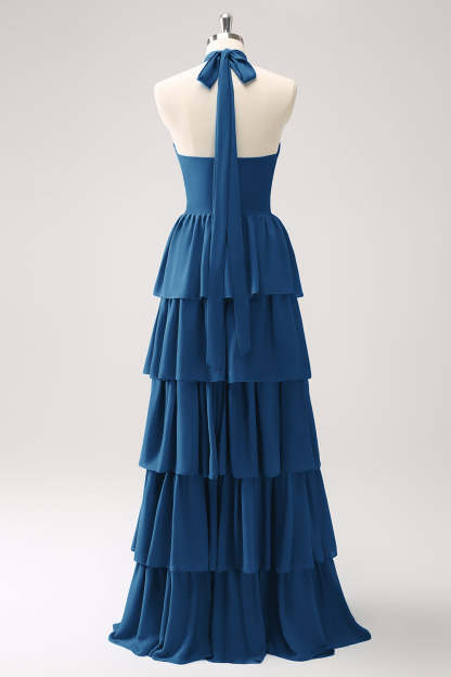Blue Halter A-Line Tiered Flower Chiffon Bridesmaid Dress