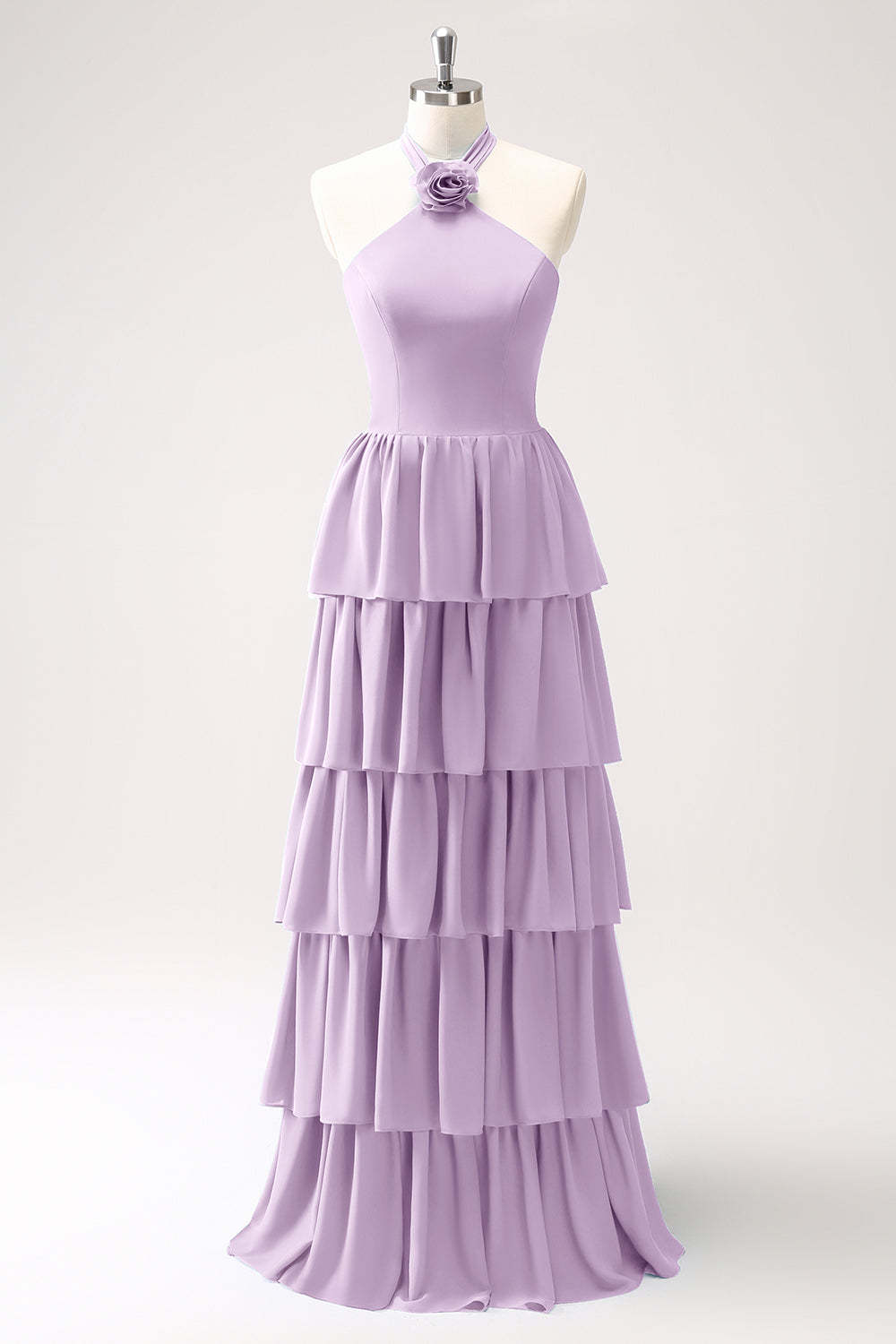 Blue Halter A-Line Tiered Flower Chiffon Bridesmaid Dress