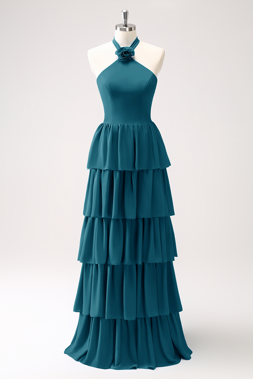 Blue Tiered Chiffon Bridesmaid Dress with Flower
