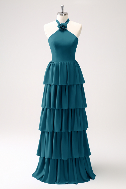 Blue Tiered Chiffon Bridesmaid Dress with Flower
