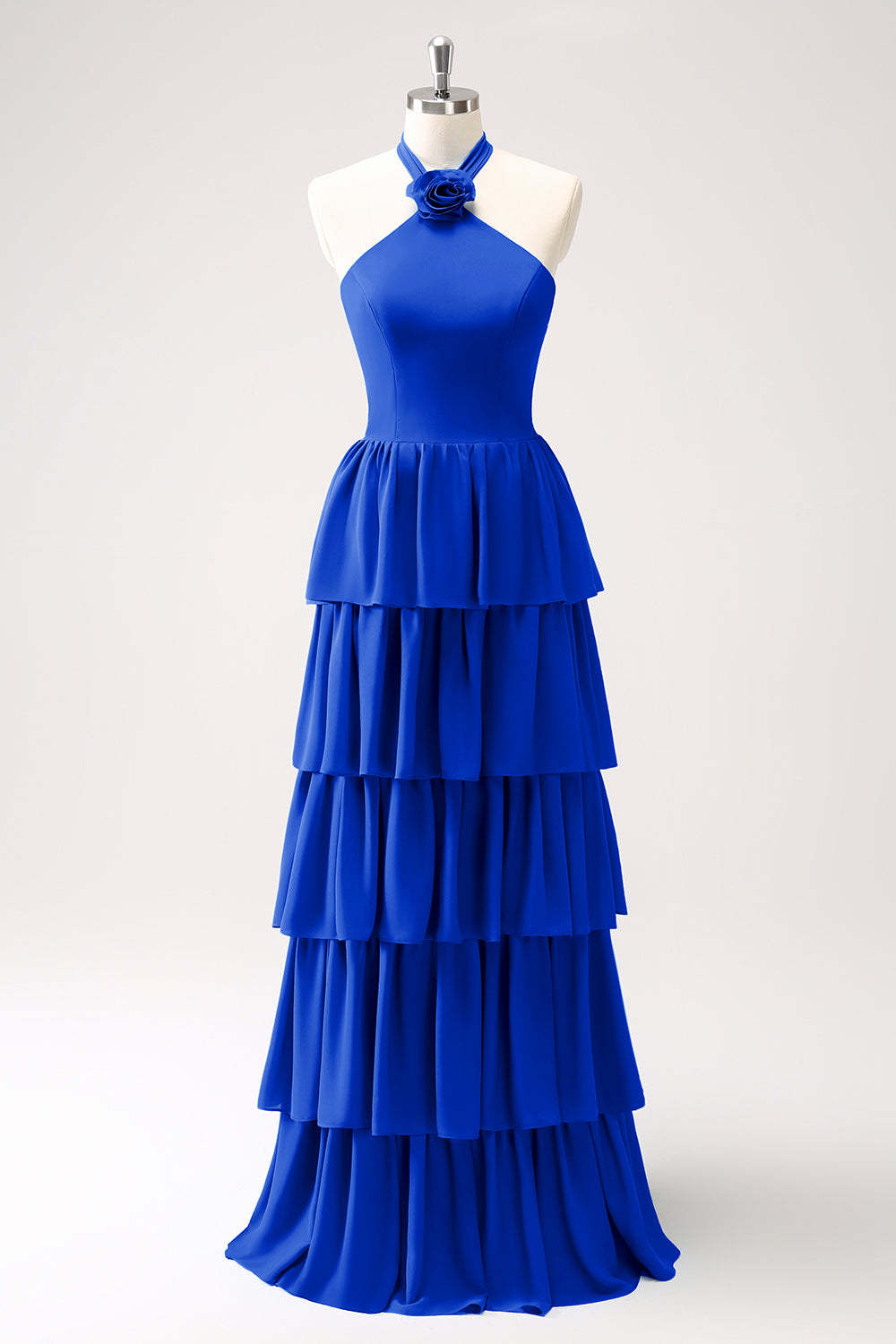 Blue Halter A-Line Tiered Flower Chiffon Bridesmaid Dress