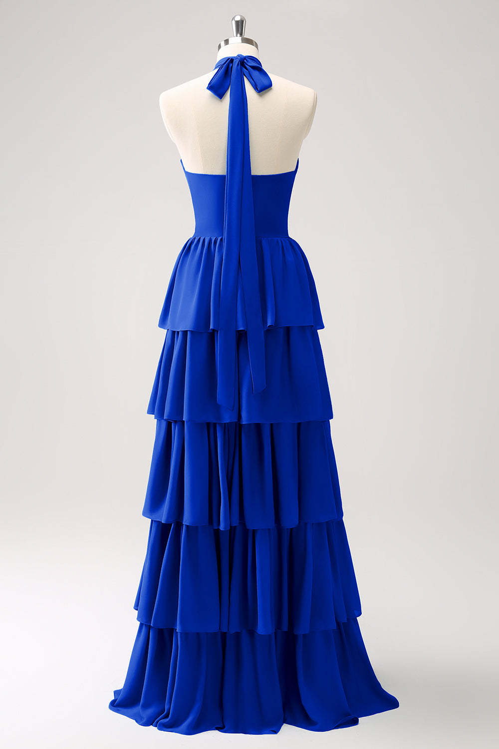 Blue Halter A-Line Tiered Flower Chiffon Bridesmaid Dress