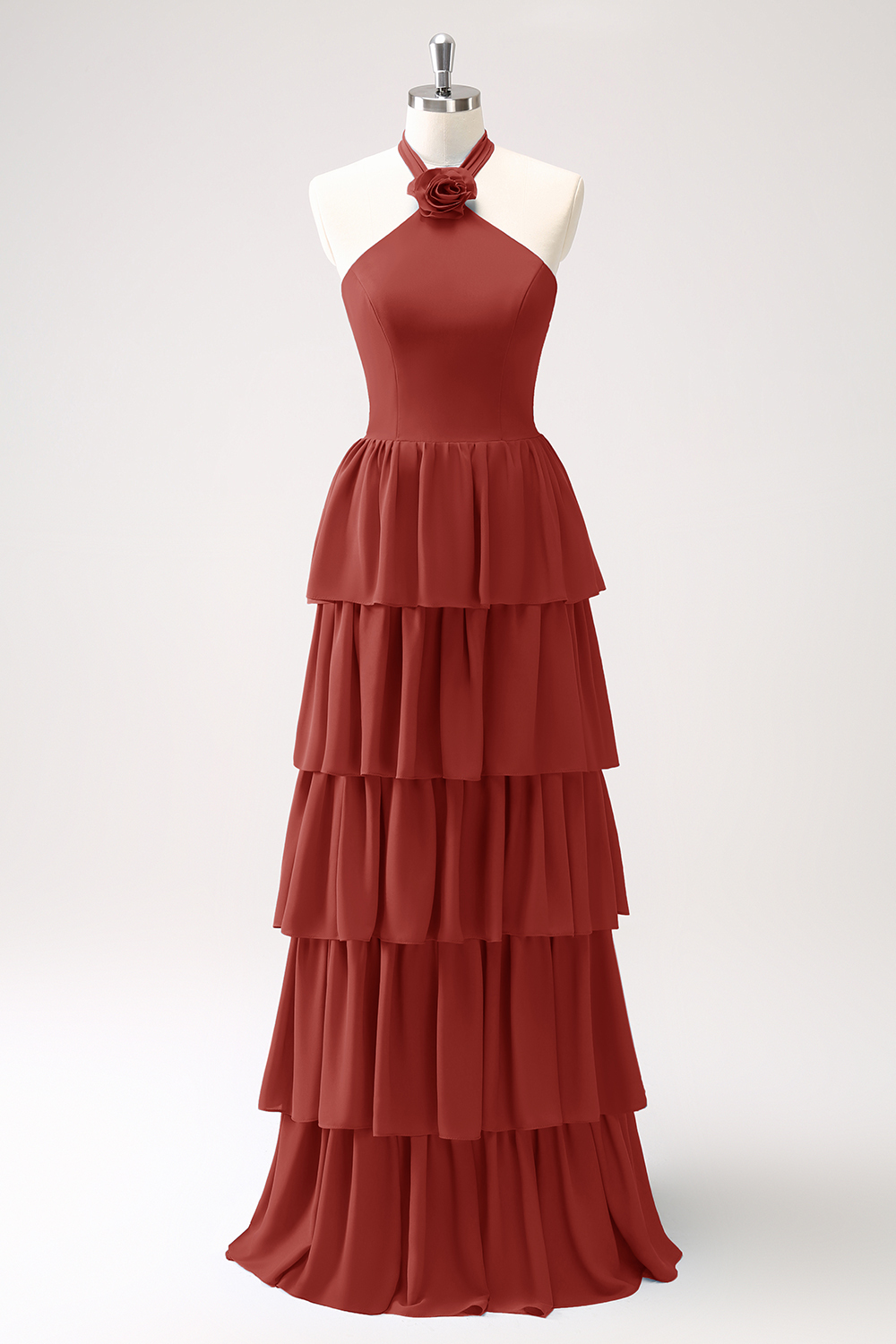 Blue Tiered Chiffon Bridesmaid Dress with Flower