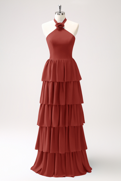 Blue Tiered Chiffon Bridesmaid Dress with Flower