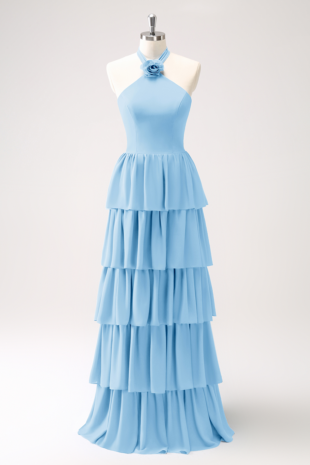 Blue Tiered Chiffon Bridesmaid Dress with Flower
