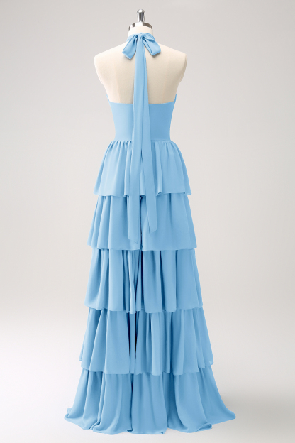 Blue Tiered Chiffon Bridesmaid Dress with Flower