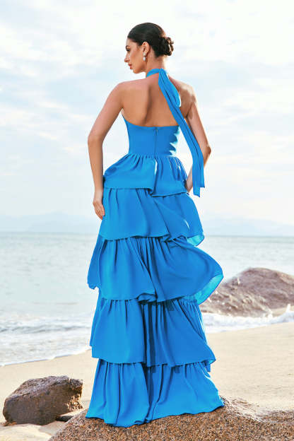 Blue Halter A-Line Tiered Flower Chiffon Bridesmaid Dress