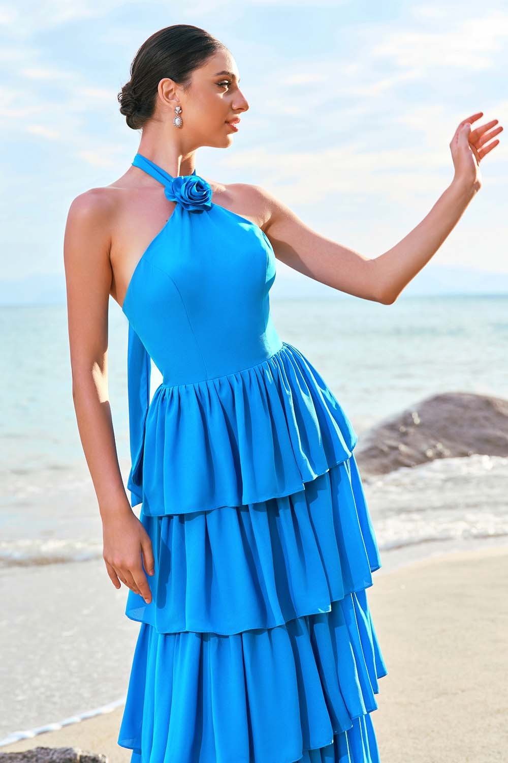 Blue Halter A-Line Tiered Flower Chiffon Bridesmaid Dress