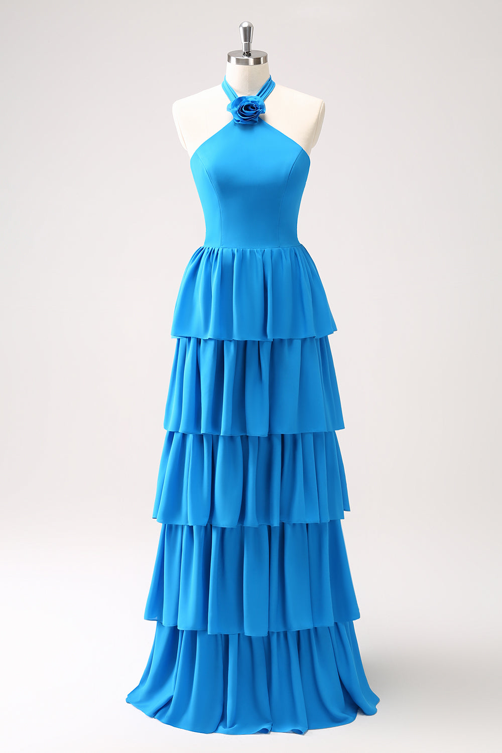 Blue Halter A-Line Tiered Flower Chiffon Bridesmaid Dress