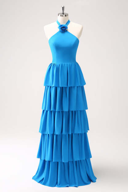 Blue Halter A-Line Tiered Flower Chiffon Bridesmaid Dress