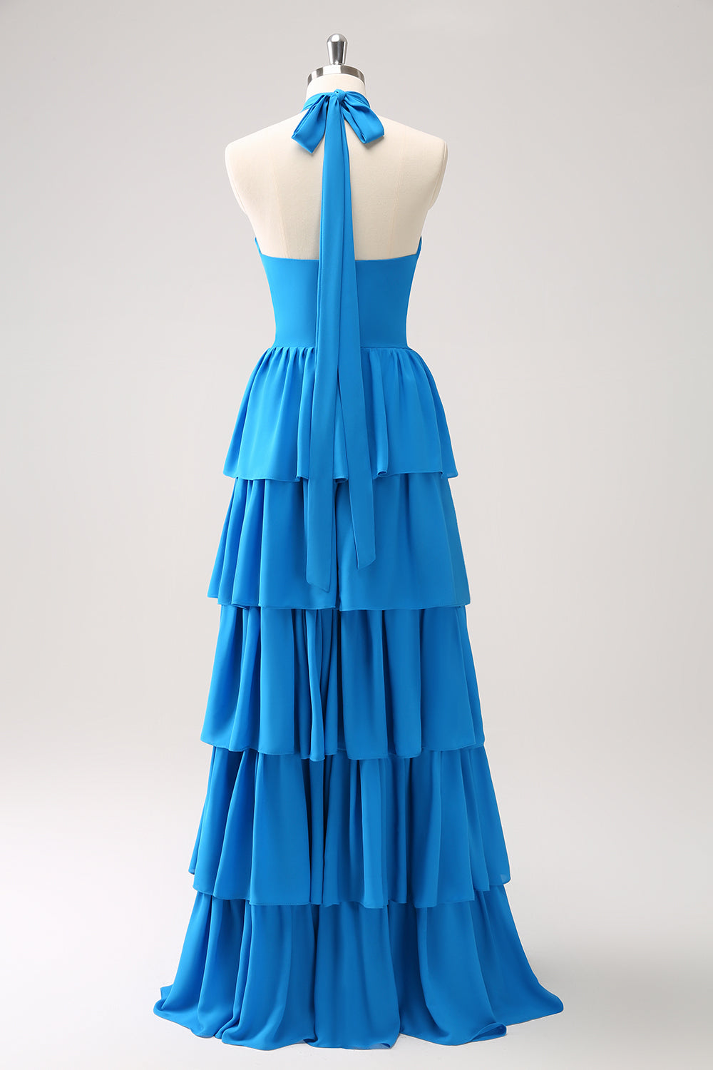 Blue Halter A-Line Tiered Flower Chiffon Bridesmaid Dress