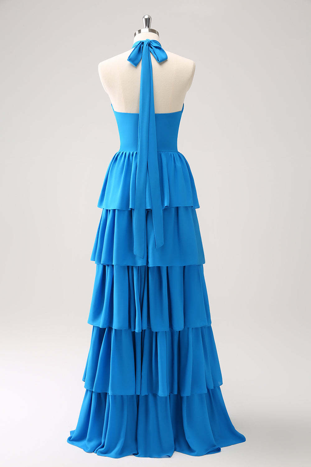 Blue Halter A-Line Tiered Flower Chiffon Bridesmaid Dress