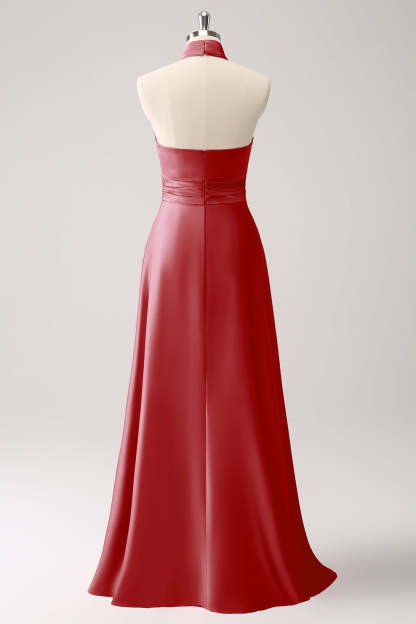 Pink Halter A-Line Satin Bridesmaid Dress with Flower