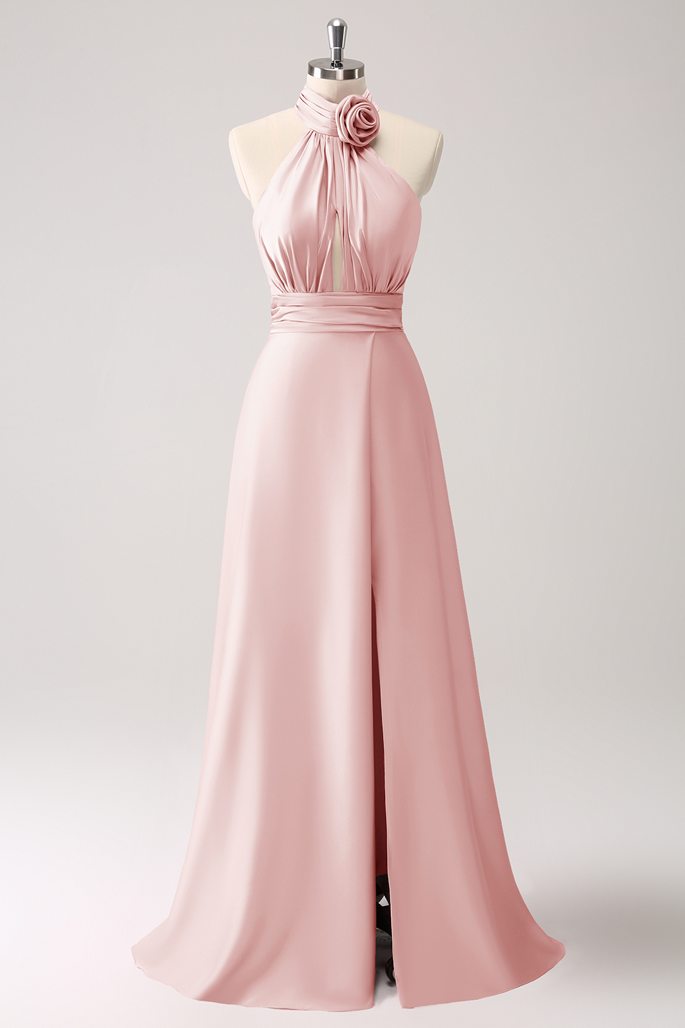 Leely Women Pink Bridesmaid Dress with Slit Keyhole A-Line Satin Wedding Guest Dress with Flower