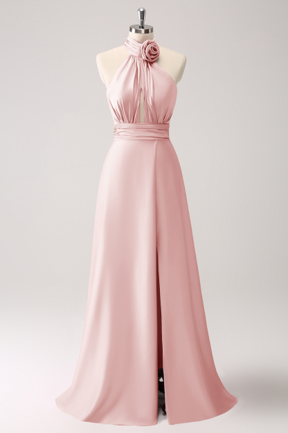 Leely Women Pink Bridesmaid Dress with Slit Keyhole A-Line Satin Wedding Guest Dress with Flower