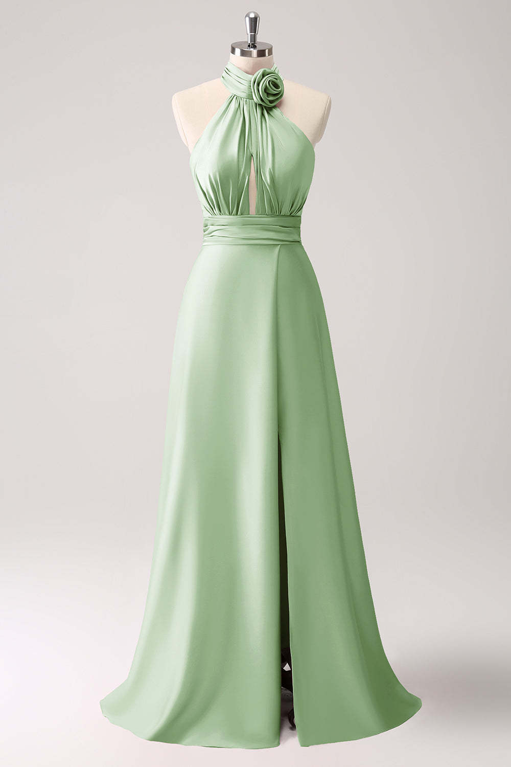 Pink Halter A-Line Satin Bridesmaid Dress with Flower