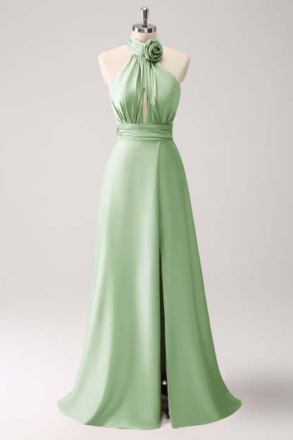 Pink Halter A-Line Satin Bridesmaid Dress with Flower