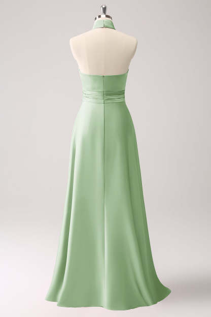 Pink Halter A-Line Satin Bridesmaid Dress with Flower