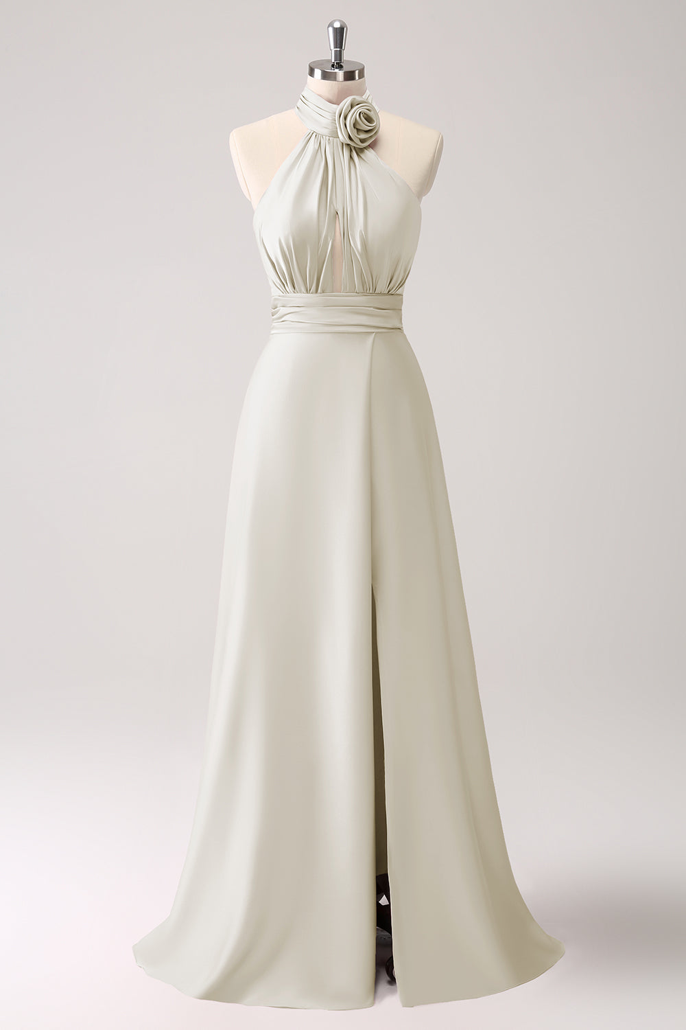 Pink Halter A-Line Satin Bridesmaid Dress with Flower