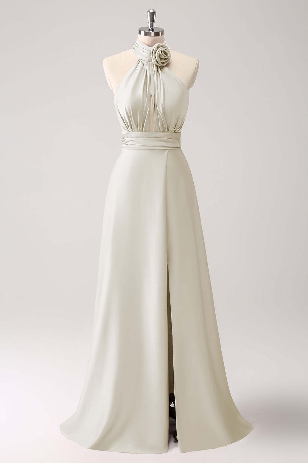 Pink Halter A-Line Satin Bridesmaid Dress with Flower