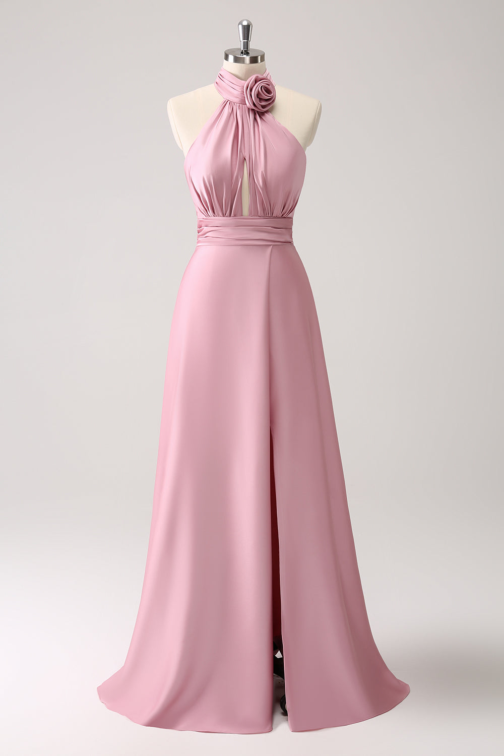 Pink Halter A-Line Satin Bridesmaid Dress with Flower