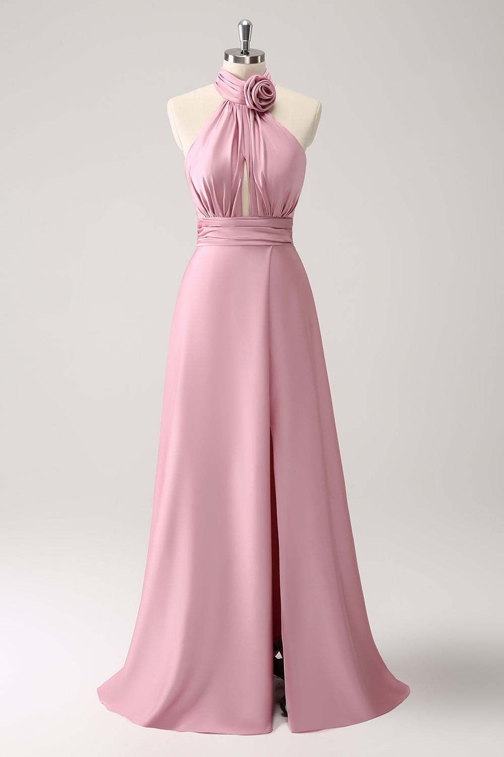 Pink Halter A-Line Satin Bridesmaid Dress with Flower