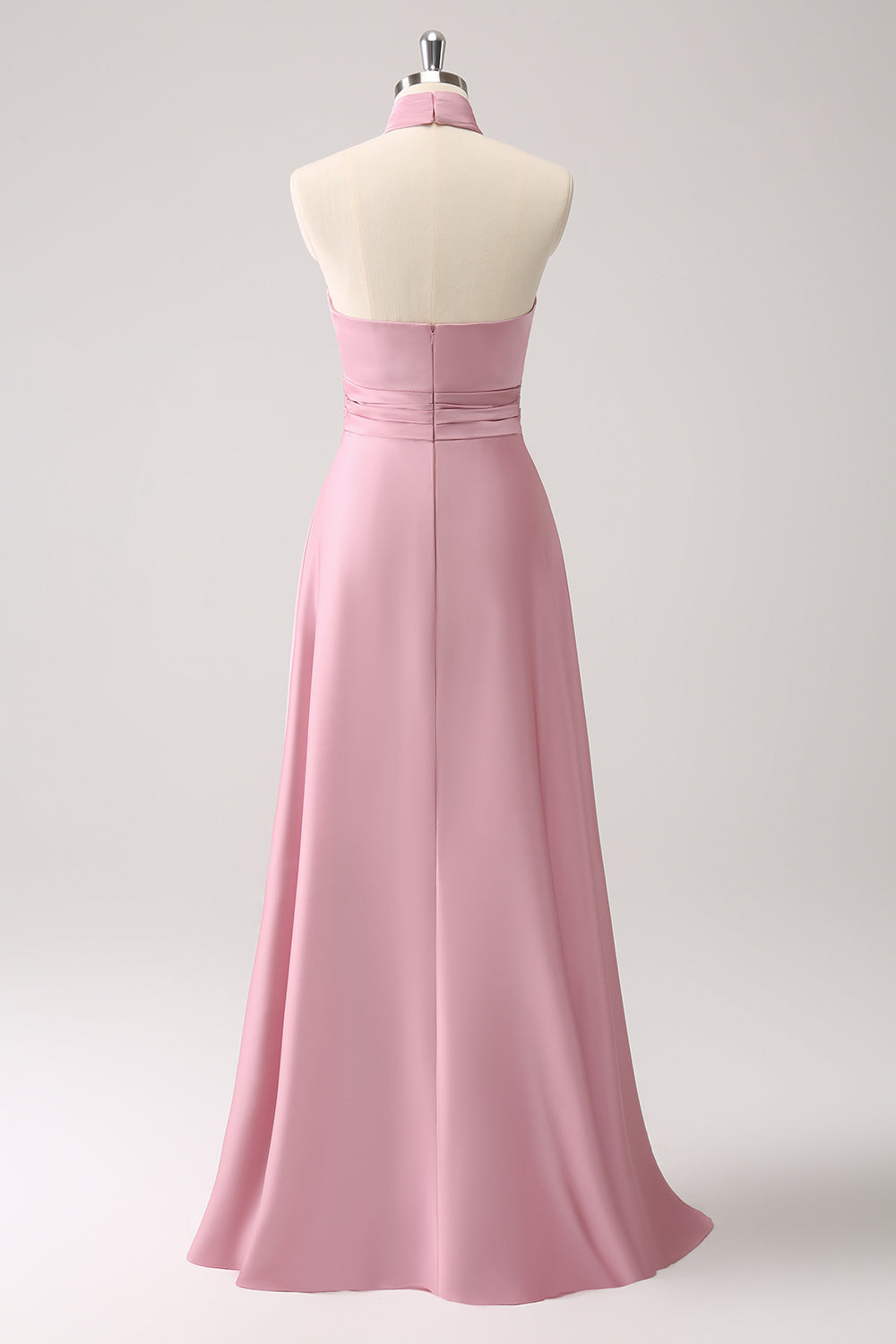 Pink Halter A-Line Satin Bridesmaid Dress with Flower