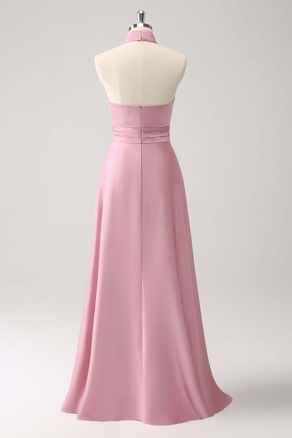 Pink Halter A-Line Satin Bridesmaid Dress with Flower