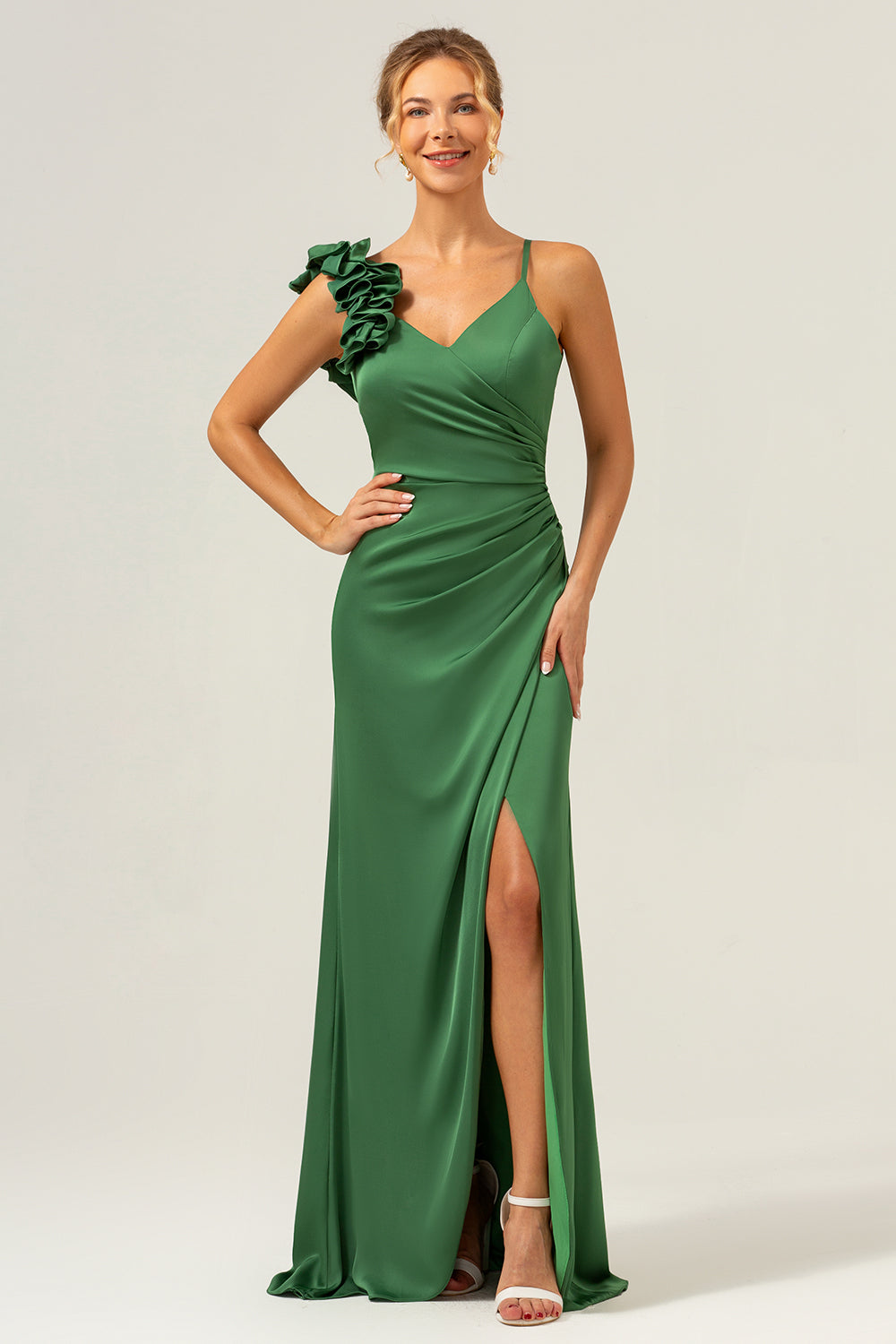 Leely Women Olive Green Pleated Satin Bridesmaid Dress with Slit Wedding Guest Dress