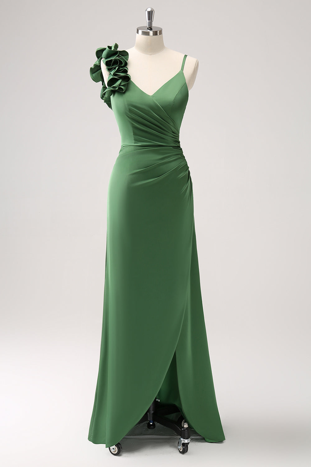 Leely Women Olive Green Pleated Satin Bridesmaid Dress with Slit Wedding Guest Dress