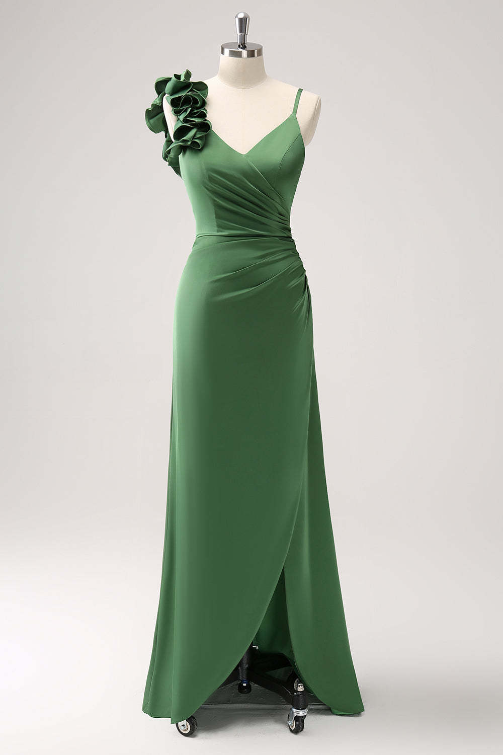 Leely Women Olive Green Pleated Satin Bridesmaid Dress with Slit Wedding Guest Dress