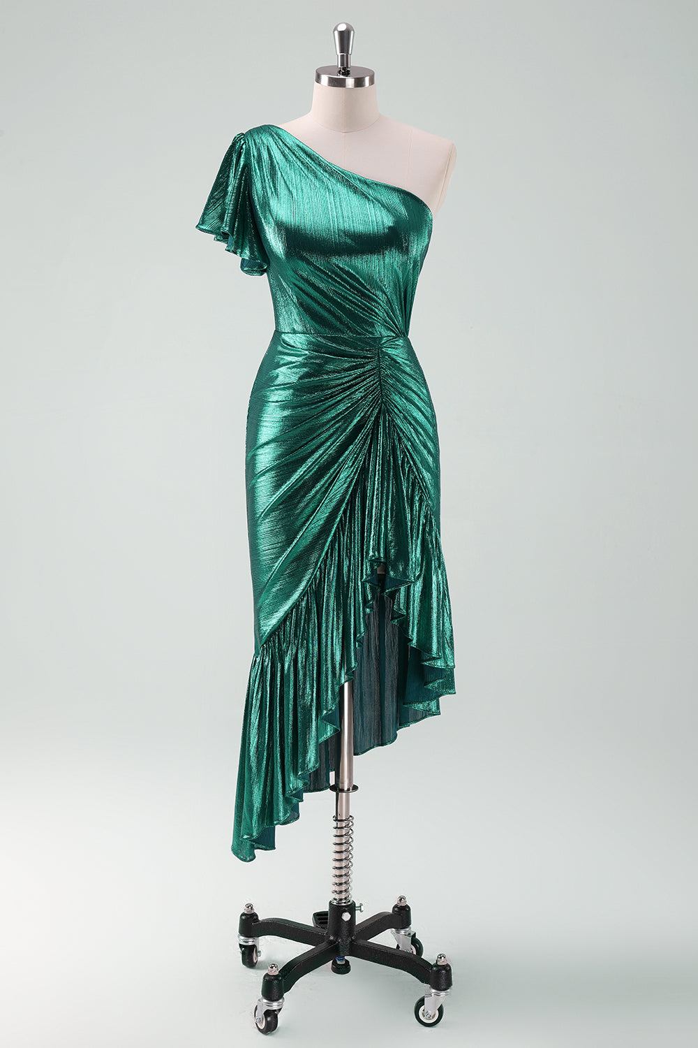Dark Green Metallic One Shoulder Ruffled Asymmetrical Cocktail Dress