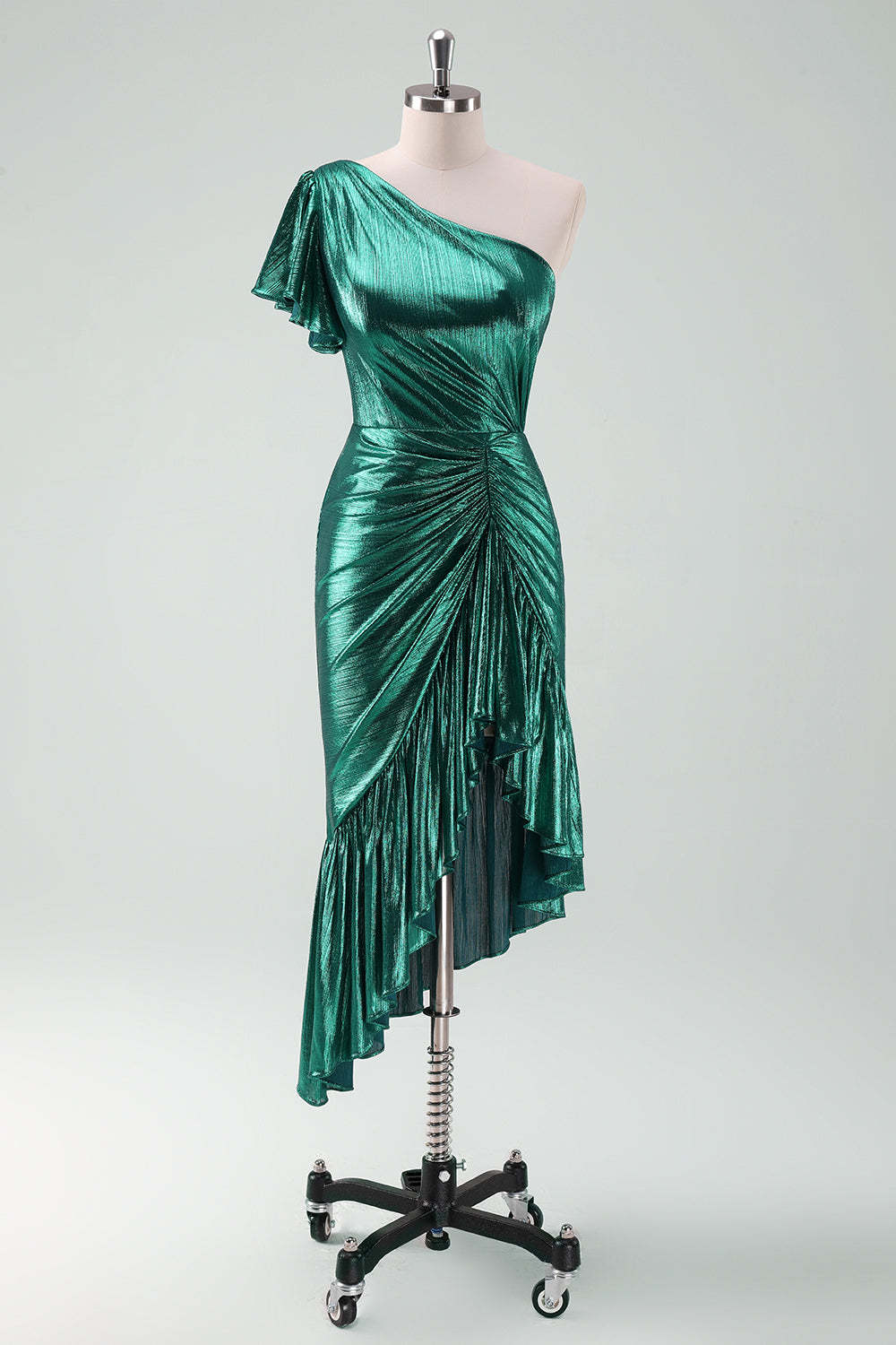 Dark Green Metallic One Shoulder Ruffled Asymmetrical Cocktail Dress