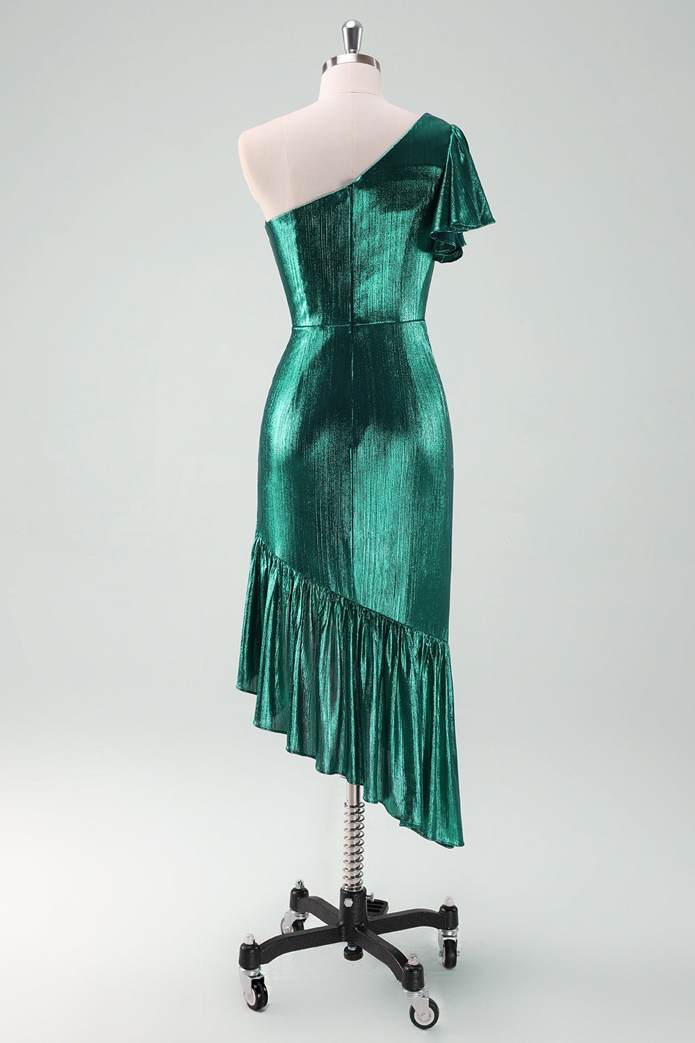 Dark Green Metallic One Shoulder Ruffled Asymmetrical Cocktail Dress