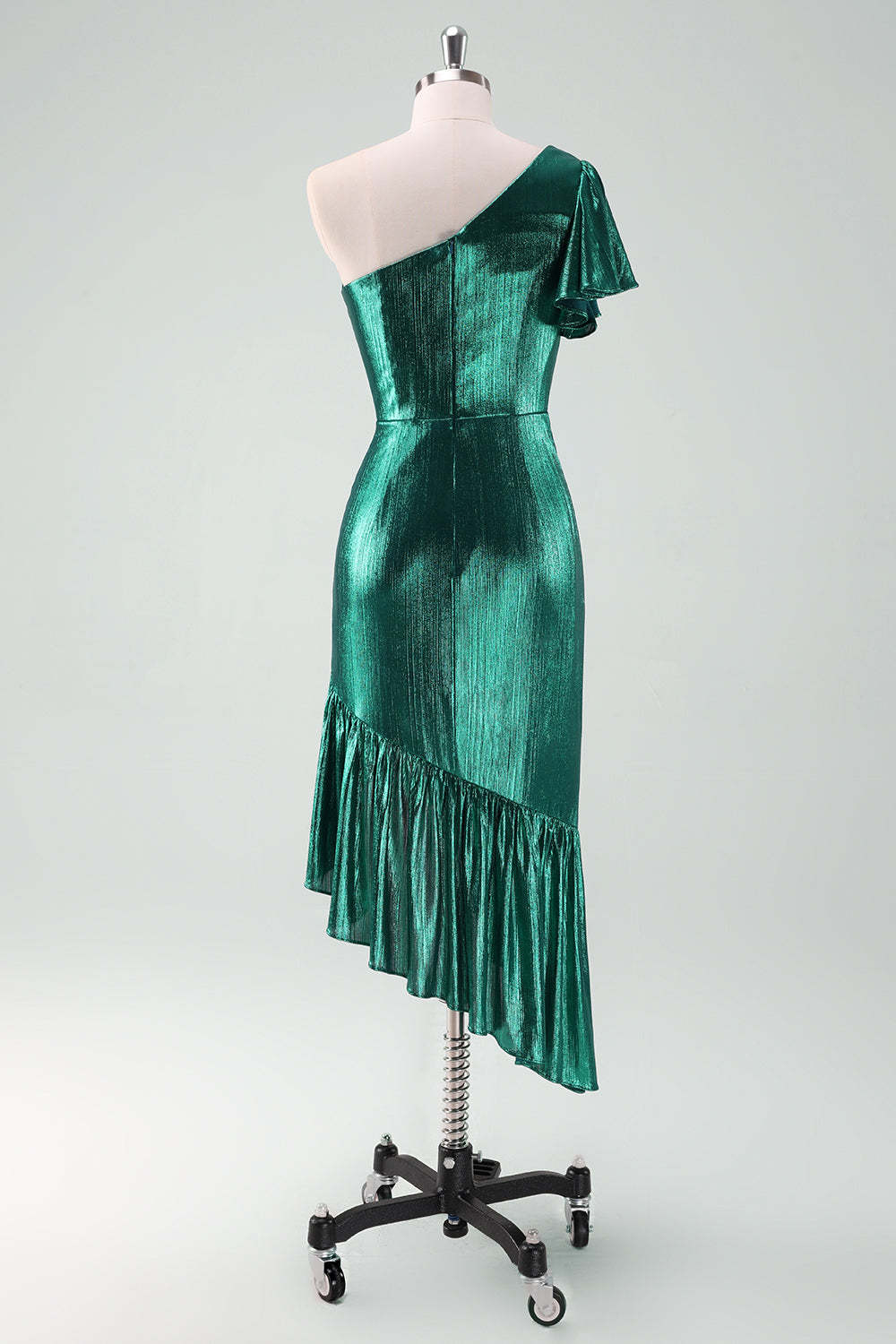 Dark Green Metallic One Shoulder Ruffled Asymmetrical Cocktail Dress