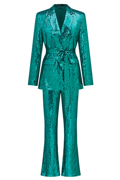 Sparkly Green Sequins Notched Lapel Women Suits with Belt