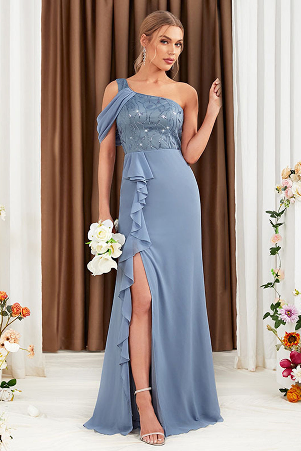Grey Blue One Shoulder Ruffles Chiffon Bridesmaid Dress with Slit