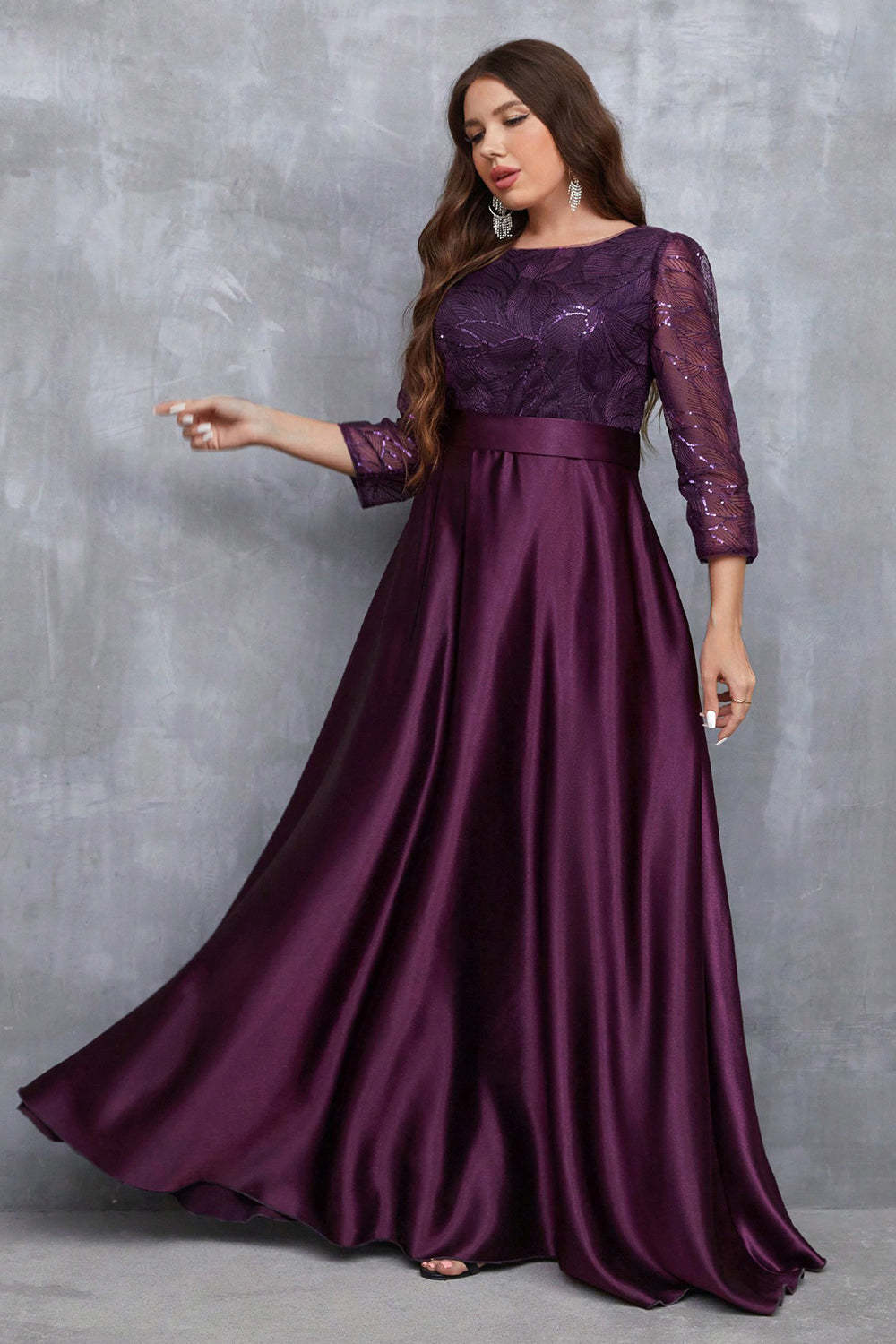 Champagne 3/4 Sleeves Printed Satin A Line Plus Size Bridesmaid Dress