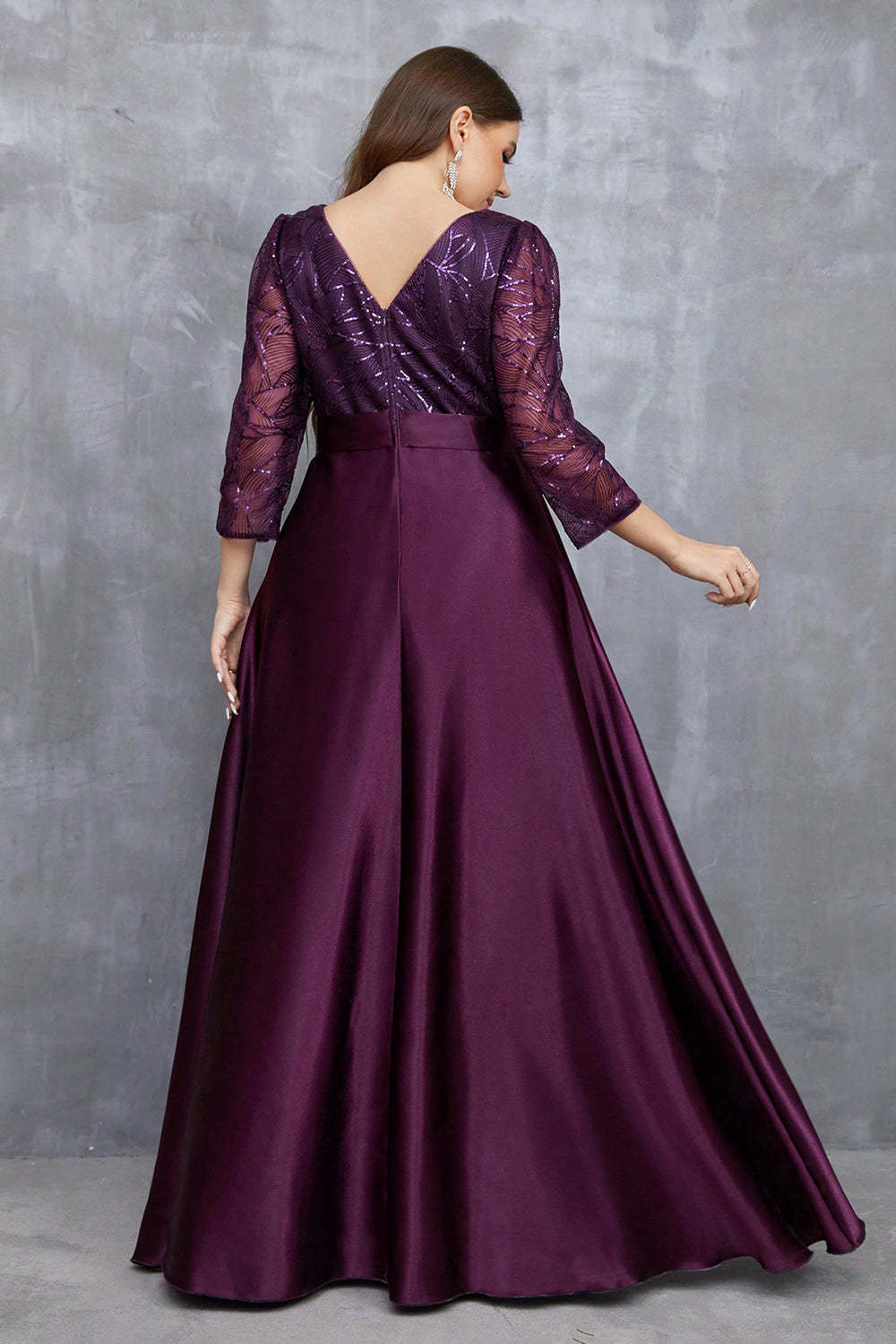 Champagne 3/4 Sleeves Printed Satin A Line Plus Size Bridesmaid Dress