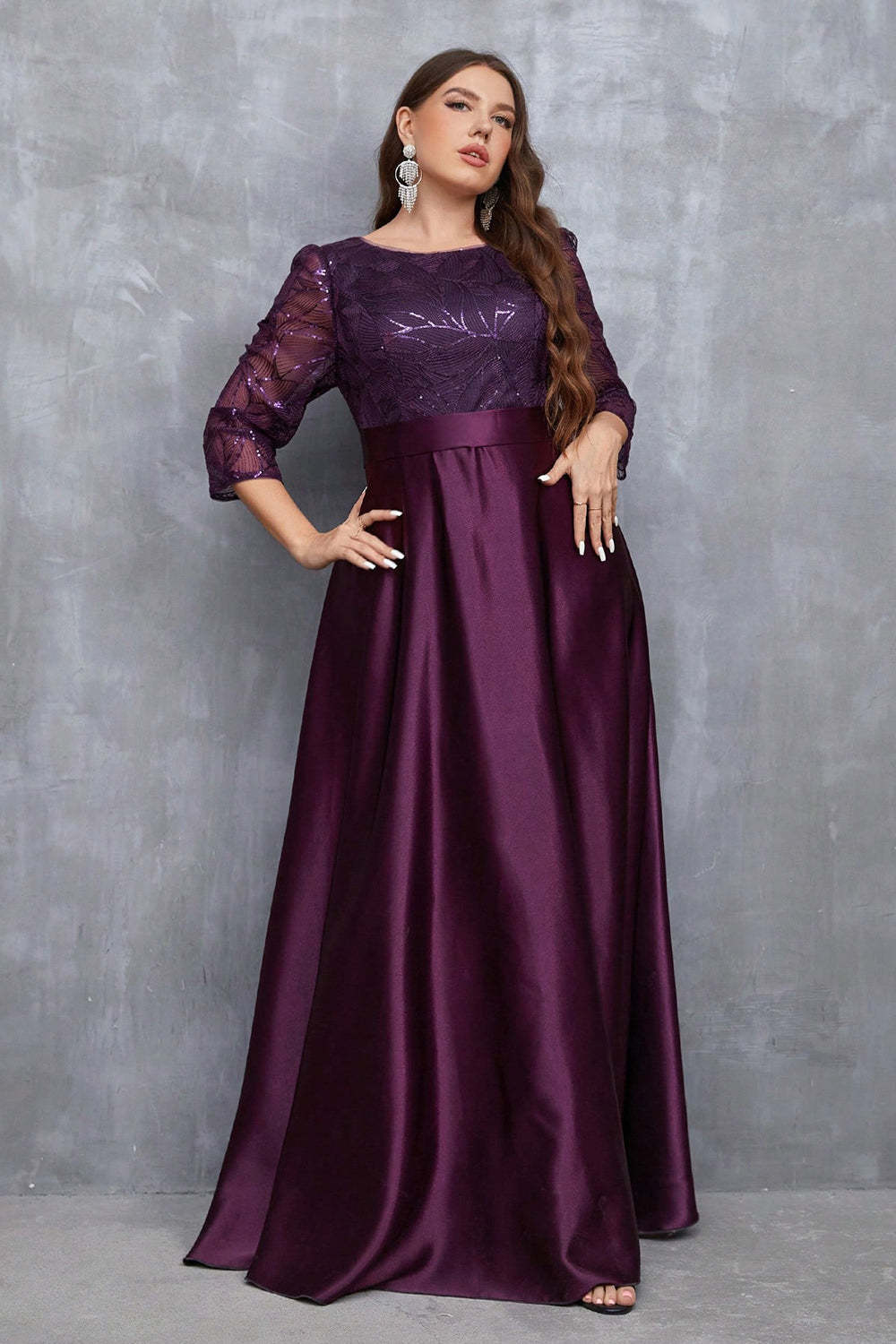 Champagne 3/4 Sleeves Printed Satin A Line Plus Size Bridesmaid Dress