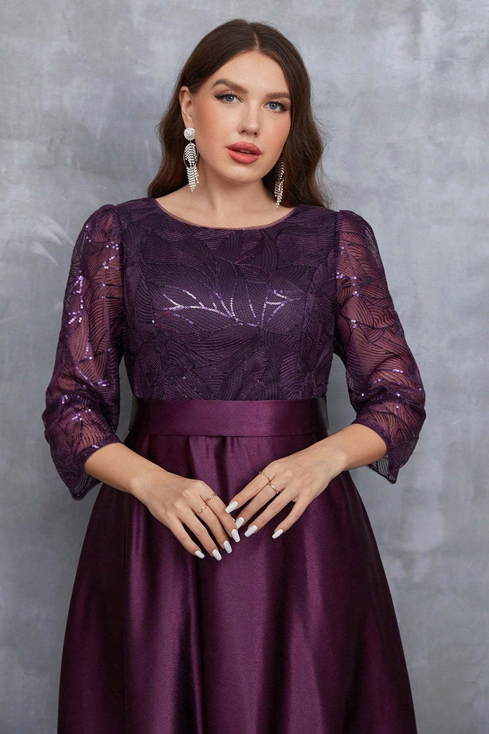 Champagne 3/4 Sleeves Printed Satin A Line Plus Size Bridesmaid Dress