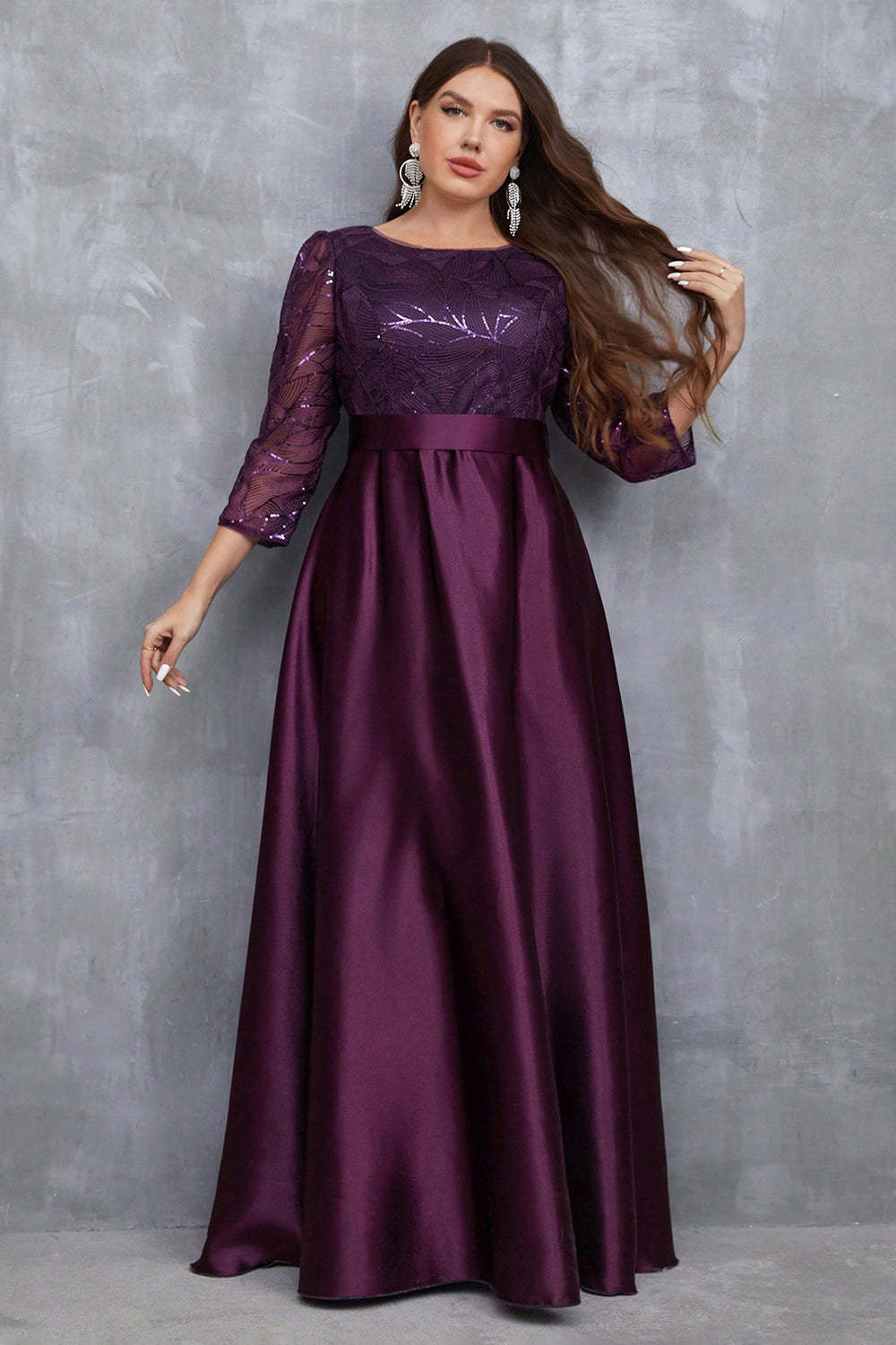 Champagne 3/4 Sleeves Printed Satin A Line Plus Size Bridesmaid Dress