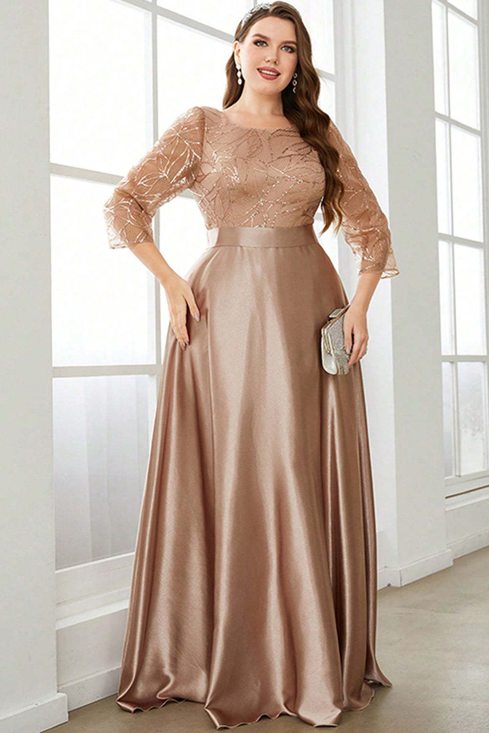 Leely Women Champagne Plus Size Bridesmaid Dress 3/4 Sleeves Printed Satin A Line Wedding Guest Dress